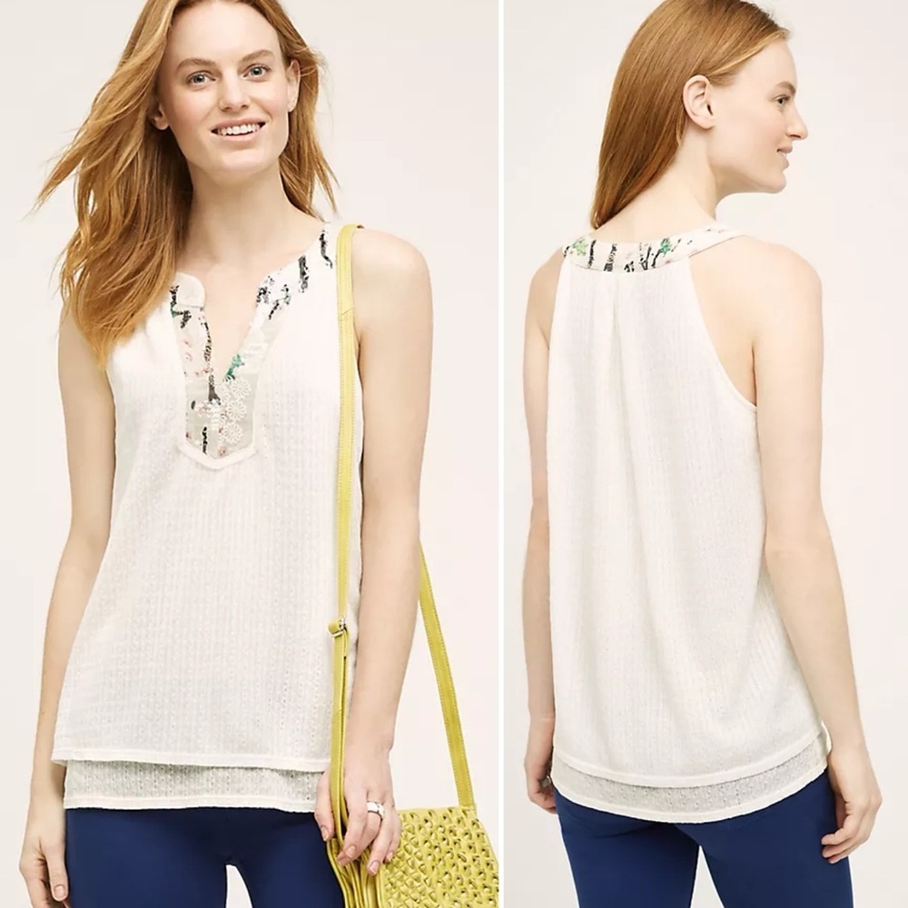 Anthropologie Tiny Cassia Tank Small blouse top white floral embroidered sequins